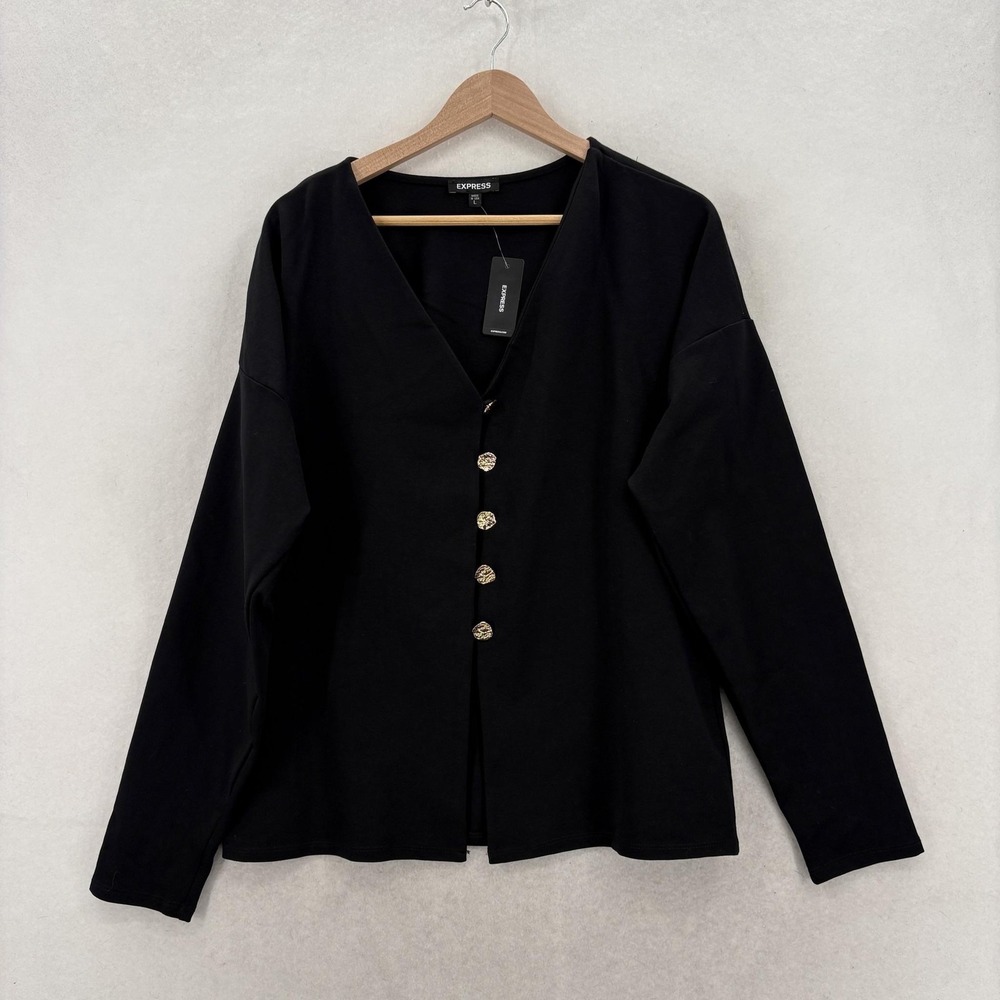 Express Blouse Womens Large Black V Neck Gold Button Long Sleeve Stretch NWT